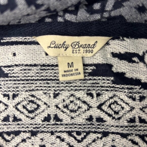 LUCKY BRAND Medium Full Zip Top Assymetric Zipper Pockets Navy Gray Aztec Design - Picture 3 of 4